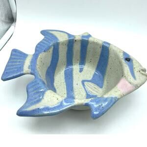 Stoneware Teal Gray‎ Fish Bowl Vintage Signed Tom Chamberlain Stamped Glazed